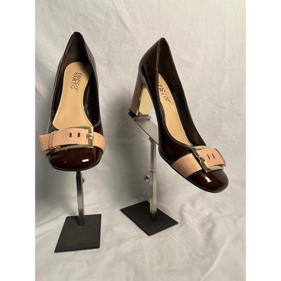 Franco Sarto Chocolate Brown Patent Block Heels w/ Nude Buckle Accent 8.5 - Picture 1 of 5